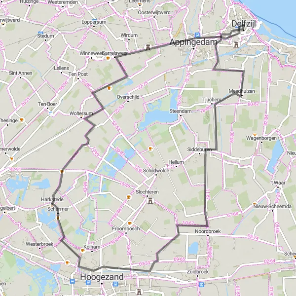 Miniatuurkaart van de fietsinspiratie "Rondje Dwars de Groningse Polders" in Groningen, Netherlands. Gemaakt door de Tarmacs.app fietsrouteplanner