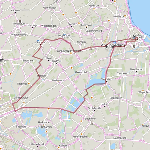 Map miniature of "Farmsum to Delfzijl Gravel Route" cycling inspiration in Groningen, Netherlands. Generated by Tarmacs.app cycling route planner