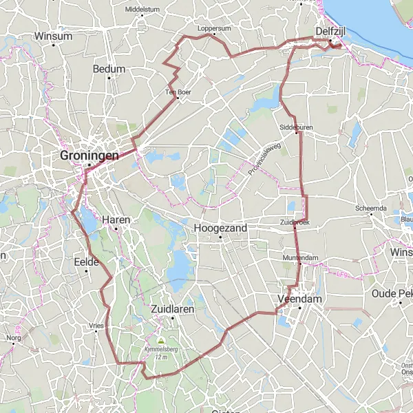 Miniatuurkaart van de fietsinspiratie "Uitdagende gravelroute naar Yde en Groningen" in Groningen, Netherlands. Gemaakt door de Tarmacs.app fietsrouteplanner