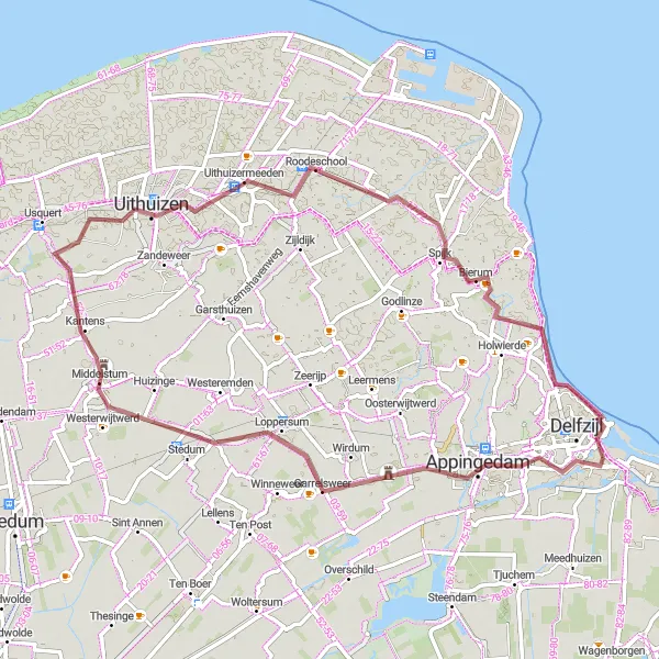 Miniatuurkaart van de fietsinspiratie "Appingedam-Uithuizen Loop" in Groningen, Netherlands. Gemaakt door de Tarmacs.app fietsrouteplanner