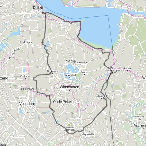 Miniatuurkaart van de fietsinspiratie "Road Trip naar Nieuwe Pekela en Scheemda" in Groningen, Netherlands. Gemaakt door de Tarmacs.app fietsrouteplanner