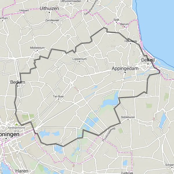 Miniatuurkaart van de fietsinspiratie "Route langs Huizinge en Kardingerheuvel" in Groningen, Netherlands. Gemaakt door de Tarmacs.app fietsrouteplanner