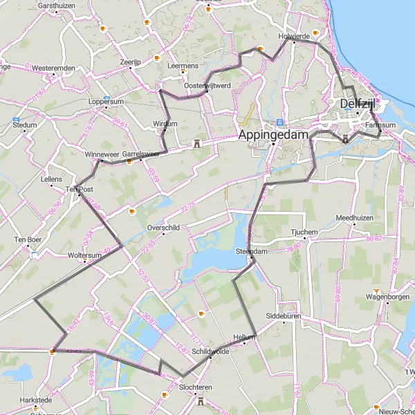 Map miniature of "A Scenic Road Journey" cycling inspiration in Groningen, Netherlands. Generated by Tarmacs.app cycling route planner