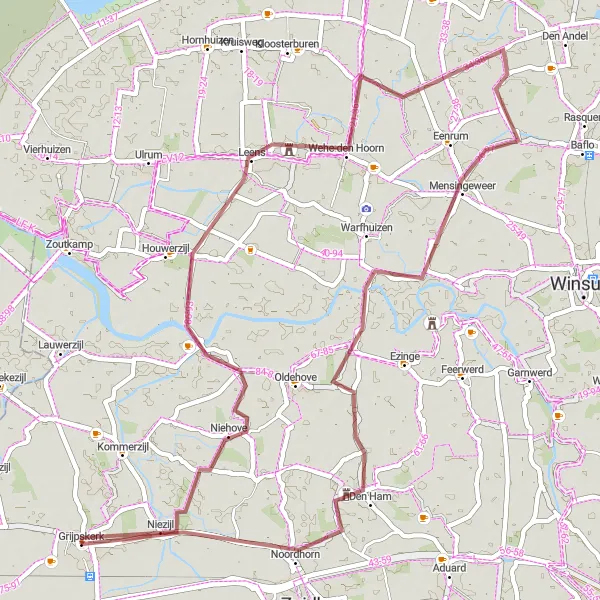 Map miniature of "Gravel Adventure through Niehove, Wehe-den Hoorn, Warfhuizen, and Noordhorn" cycling inspiration in Groningen, Netherlands. Generated by Tarmacs.app cycling route planner