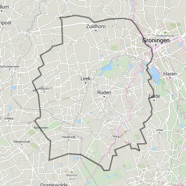 Map miniature of "Challenging Road Cycling Routes via Zuidhorn, Hoge der Aa, Eelde, Zeijen, Veenhuizen, Bakkeveen, Noordwijk, and Oosterzand" cycling inspiration in Groningen, Netherlands. Generated by Tarmacs.app cycling route planner