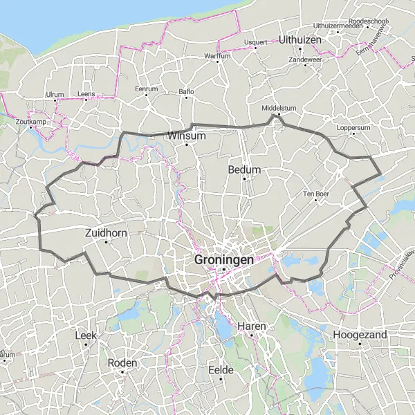 Map miniature of "Road Cycling Loop via Oldehove, Middelstum, Garrelsweer, Engelbert, Oldekerk" cycling inspiration in Groningen, Netherlands. Generated by Tarmacs.app cycling route planner