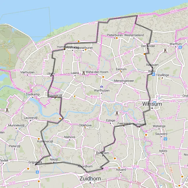Miniatuurkaart van de fietsinspiratie "Noordelijke Dorpjes en Landschappen Route" in Groningen, Netherlands. Gemaakt door de Tarmacs.app fietsrouteplanner