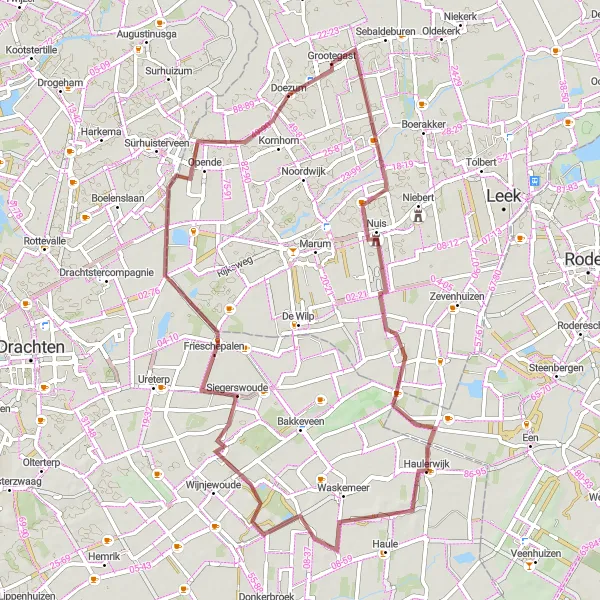 Map miniature of "Gravel Adventure to Lucaswolde, Oude Riet, Een-West, Waskemeer, Frieschepalen, Grootegast" cycling inspiration in Groningen, Netherlands. Generated by Tarmacs.app cycling route planner