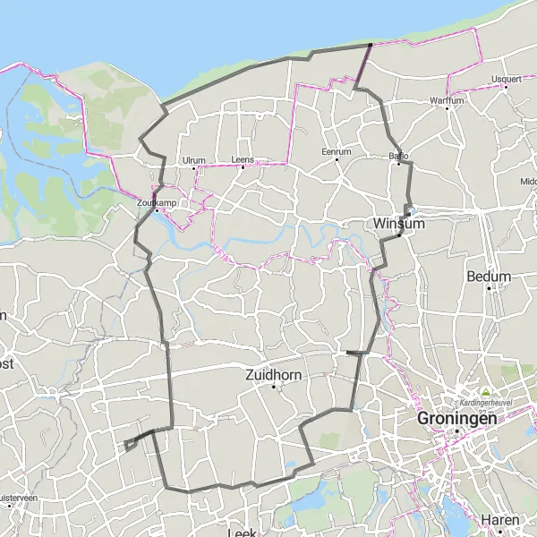 Miniatuurkaart van de fietsinspiratie "Rondje Zoutkamp en Aduard" in Groningen, Netherlands. Gemaakt door de Tarmacs.app fietsrouteplanner