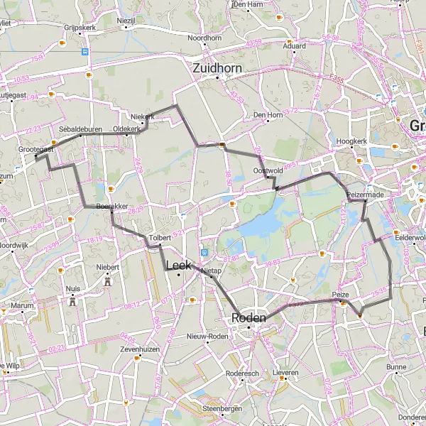 Map miniature of "Scenic Road Trip to Oldekerk, Enumatil, Peize, Nietap, Grootegast" cycling inspiration in Groningen, Netherlands. Generated by Tarmacs.app cycling route planner