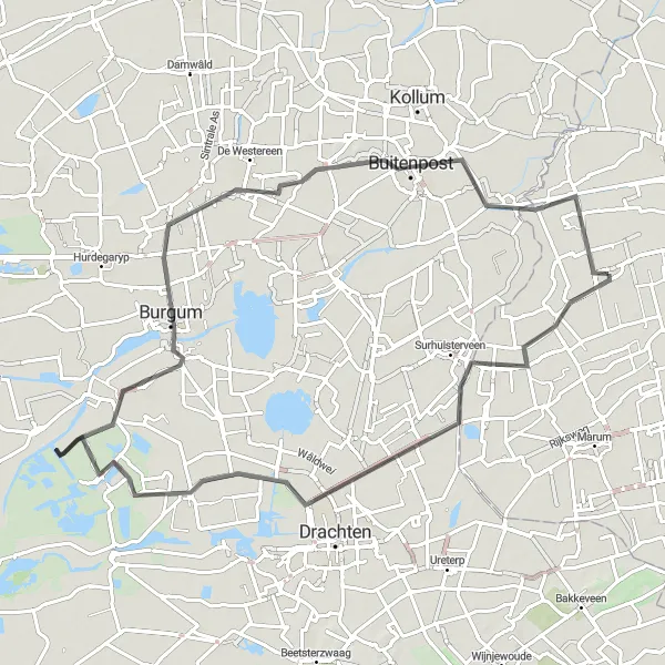 Map miniature of "Een tocht door het prachtige Westerkwartier" cycling inspiration in Groningen, Netherlands. Generated by Tarmacs.app cycling route planner