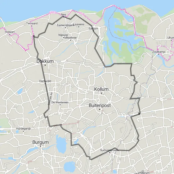 Map miniature of "Scenic Road Trip to Surhuisterveen, Feanwâlden, Nes, Eanjum, Uitkijktoren De Baak" cycling inspiration in Groningen, Netherlands. Generated by Tarmacs.app cycling route planner