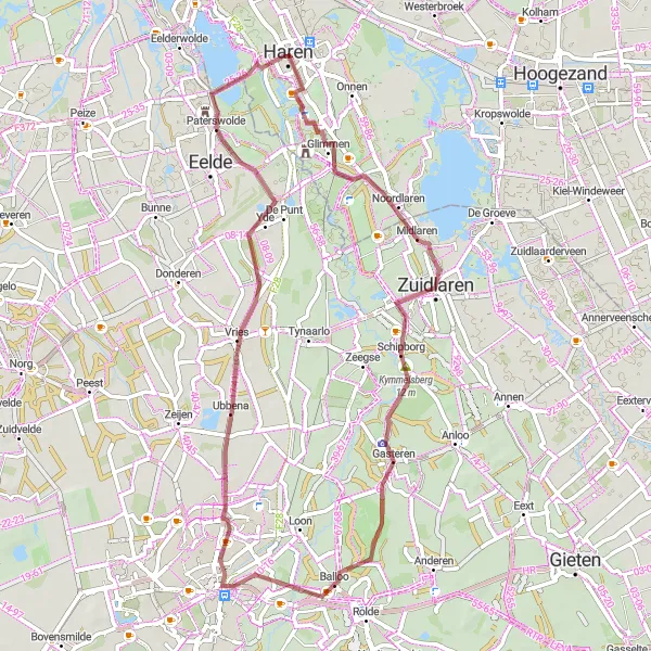 Miniatuurkaart van de fietsinspiratie "Avontuurlijke gravelroute naar Zuidlaren en Balloo" in Groningen, Netherlands. Gemaakt door de Tarmacs.app fietsrouteplanner