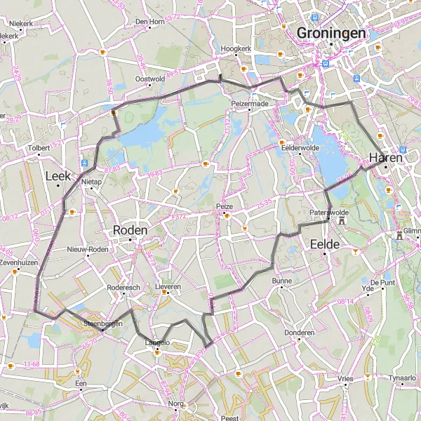 Map miniature of "Hidden Lakes and Rural Delights" cycling inspiration in Groningen, Netherlands. Generated by Tarmacs.app cycling route planner