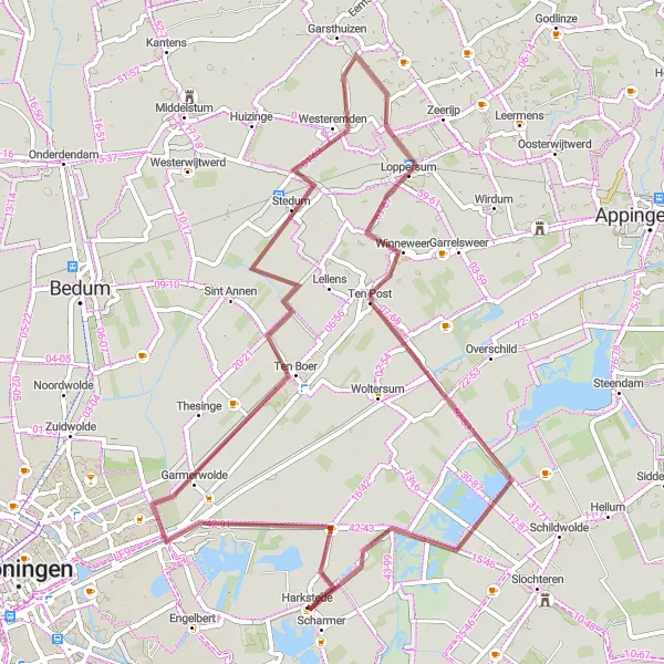 Map miniature of "The Garmerwolde-Schaaphok Gravel Route" cycling inspiration in Groningen, Netherlands. Generated by Tarmacs.app cycling route planner