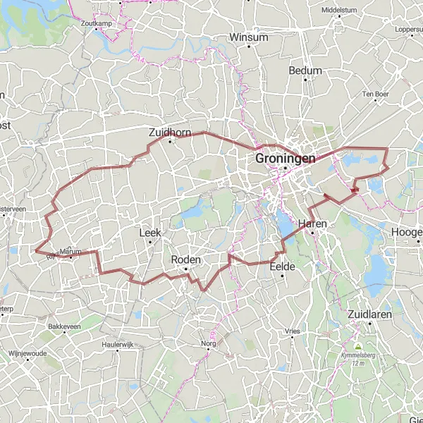 Map miniature of "The Paterswolde-Kornhorn Gravel Route" cycling inspiration in Groningen, Netherlands. Generated by Tarmacs.app cycling route planner