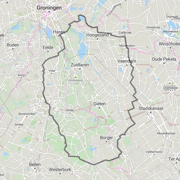 Map miniature of "Discovering Groningen's Hidden Gems" cycling inspiration in Groningen, Netherlands. Generated by Tarmacs.app cycling route planner