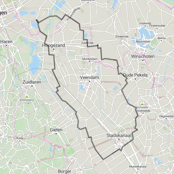 Map miniature of "The Harkstede-Foxhol Road Route" cycling inspiration in Groningen, Netherlands. Generated by Tarmacs.app cycling route planner