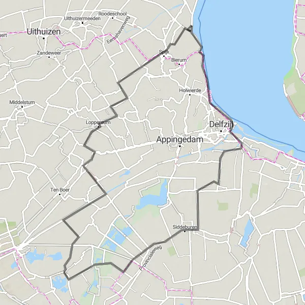 Miniatuurkaart van de fietsinspiratie "Dorpen en Waterwegen van Groningen" in Groningen, Netherlands. Gemaakt door de Tarmacs.app fietsrouteplanner