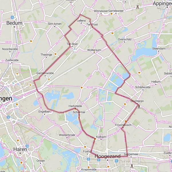 Map miniature of "Hoogezand Gravel Escape" cycling inspiration in Groningen, Netherlands. Generated by Tarmacs.app cycling route planner