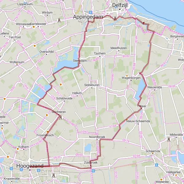 Miniatuurkaart van de fietsinspiratie "Gravelavontuur door Froombosch en 't Waar" in Groningen, Netherlands. Gemaakt door de Tarmacs.app fietsrouteplanner