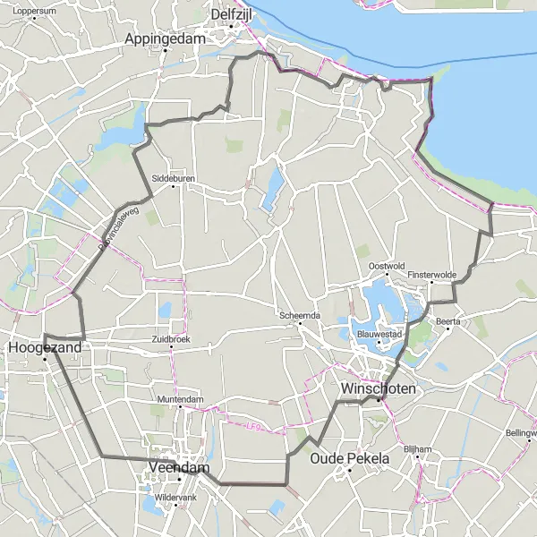 Miniatuurkaart van de fietsinspiratie "Roadtrip naar Veendam en Drumlin" in Groningen, Netherlands. Gemaakt door de Tarmacs.app fietsrouteplanner