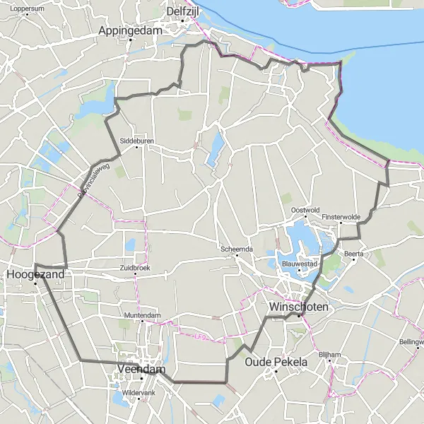 Map miniature of "Groningen Countryside Road Trip" cycling inspiration in Groningen, Netherlands. Generated by Tarmacs.app cycling route planner