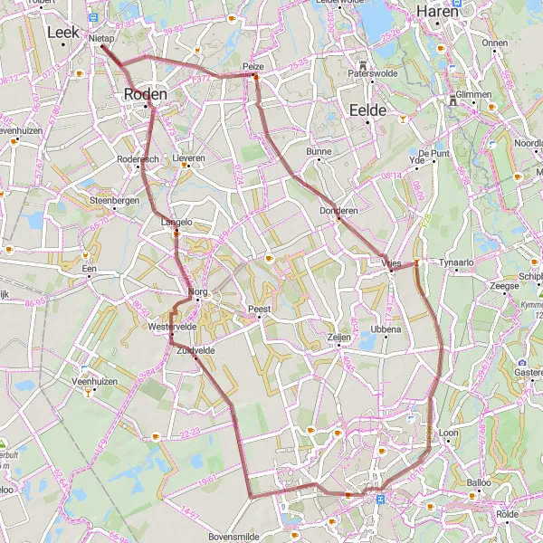Miniatuurkaart van de fietsinspiratie "Avontuurlijke graveltocht naar Roden" in Groningen, Netherlands. Gemaakt door de Tarmacs.app fietsrouteplanner