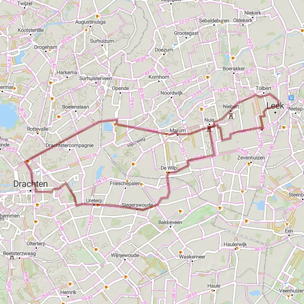 Miniatuurkaart van de fietsinspiratie "Graveltocht door Drachten en Marum" in Groningen, Netherlands. Gemaakt door de Tarmacs.app fietsrouteplanner