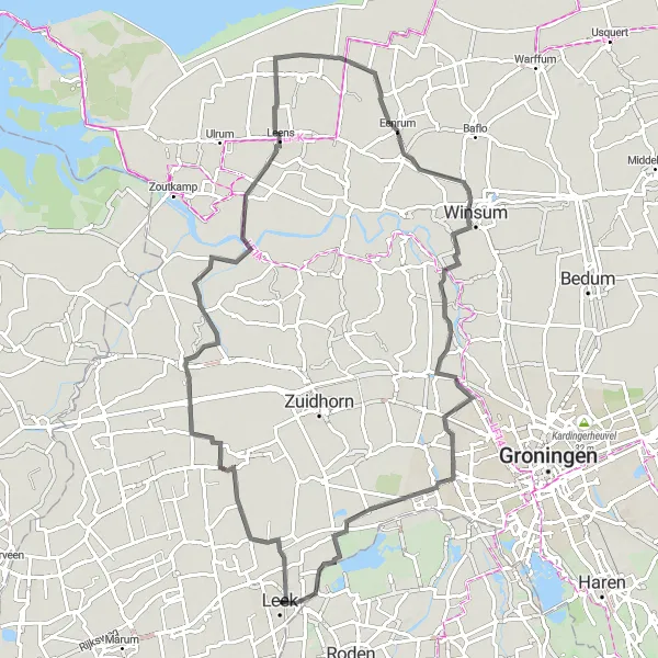 Map miniature of "Leek Cycling Adventure" cycling inspiration in Groningen, Netherlands. Generated by Tarmacs.app cycling route planner