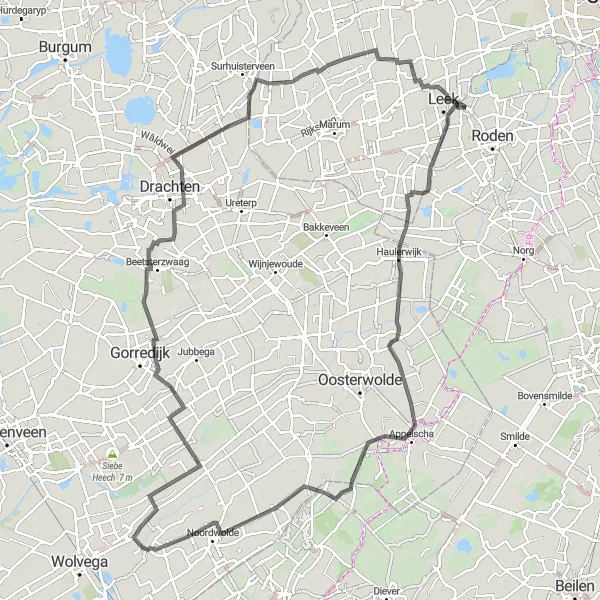 Miniatuurkaart van de fietsinspiratie "Roadtrip door Zuidoost-Friesland" in Groningen, Netherlands. Gemaakt door de Tarmacs.app fietsrouteplanner