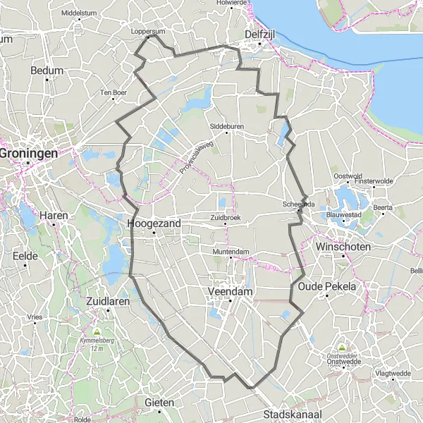 Miniatuurkaart van de fietsinspiratie "Uitdagende route langs historische hoogtepunten" in Groningen, Netherlands. Gemaakt door de Tarmacs.app fietsrouteplanner