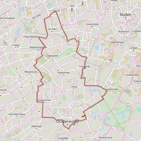 Map miniature of "Gravel Loop through Haulerwijk and Donkerbroek" cycling inspiration in Groningen, Netherlands. Generated by Tarmacs.app cycling route planner