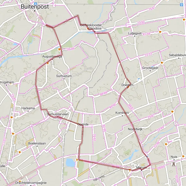 Map miniature of "Gravel Loop through Opende and Stroobos" cycling inspiration in Groningen, Netherlands. Generated by Tarmacs.app cycling route planner