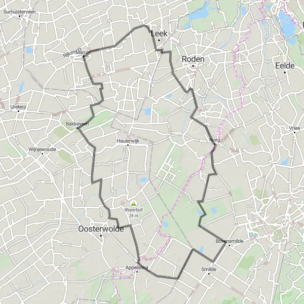 Map miniature of "Challenging Road Cycling to Waskemeer and Bovensmilde" cycling inspiration in Groningen, Netherlands. Generated by Tarmacs.app cycling route planner