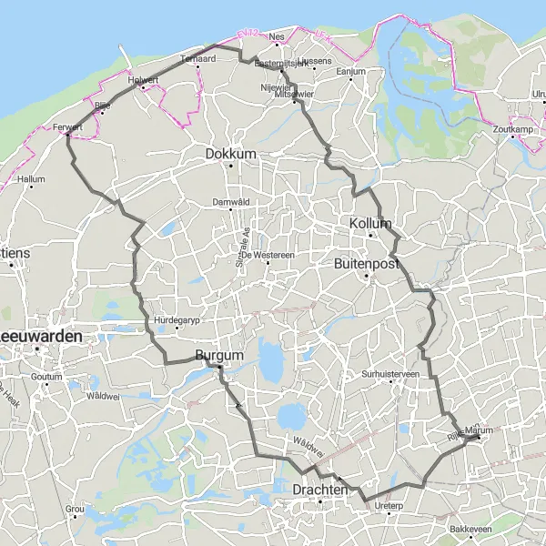 Map miniature of "Frieschepalen to Kollumer Aldsyl Road Cycling Route" cycling inspiration in Groningen, Netherlands. Generated by Tarmacs.app cycling route planner