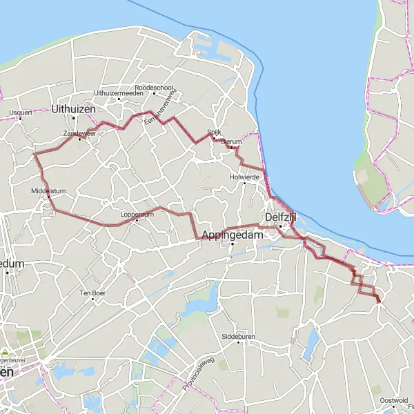 Miniatuurkaart van de fietsinspiratie "Kerken en Boerderijen Gravelroute" in Groningen, Netherlands. Gemaakt door de Tarmacs.app fietsrouteplanner