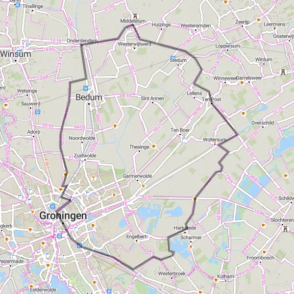 Map miniature of "Middelstum Road Route" cycling inspiration in Groningen, Netherlands. Generated by Tarmacs.app cycling route planner