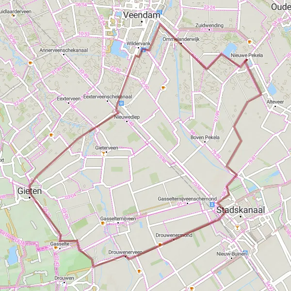 Miniatuurkaart van de fietsinspiratie "Korte Gravelroute van Nieuwe Pekela naar Ommelanderwijk" in Groningen, Netherlands. Gemaakt door de Tarmacs.app fietsrouteplanner