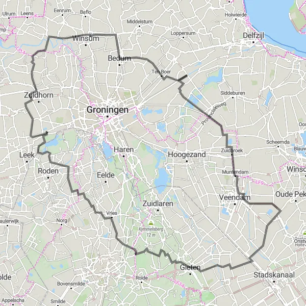 Miniatuurkaart van de fietsinspiratie "Fietsroute door Groningen en Drenthe" in Groningen, Netherlands. Gemaakt door de Tarmacs.app fietsrouteplanner