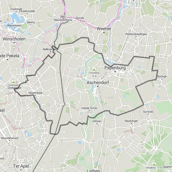 Miniatuurkaart van de fietsinspiratie "Wegroute naar Bellingwolde en Papenburg" in Groningen, Netherlands. Gemaakt door de Tarmacs.app fietsrouteplanner