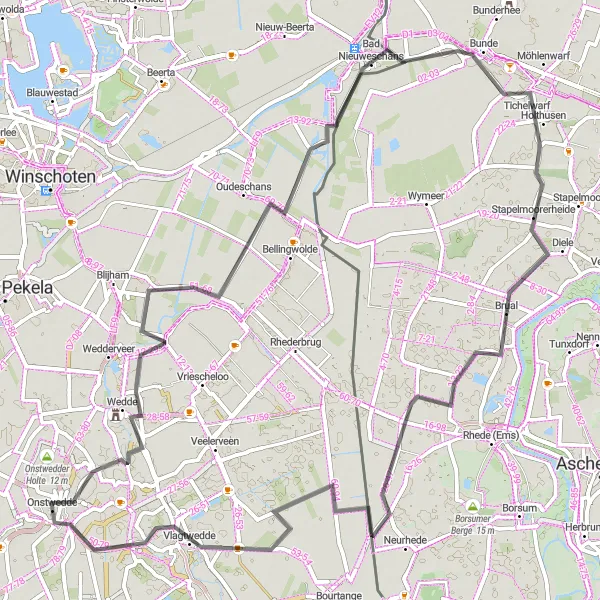 Miniatuurkaart van de fietsinspiratie "Ontspannen wegtocht naar Bad Nieuweschans" in Groningen, Netherlands. Gemaakt door de Tarmacs.app fietsrouteplanner