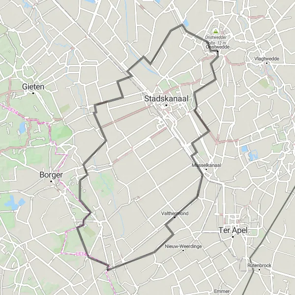 Miniatuurkaart van de fietsinspiratie "Ontspannen fietsen door Groningen" in Groningen, Netherlands. Gemaakt door de Tarmacs.app fietsrouteplanner