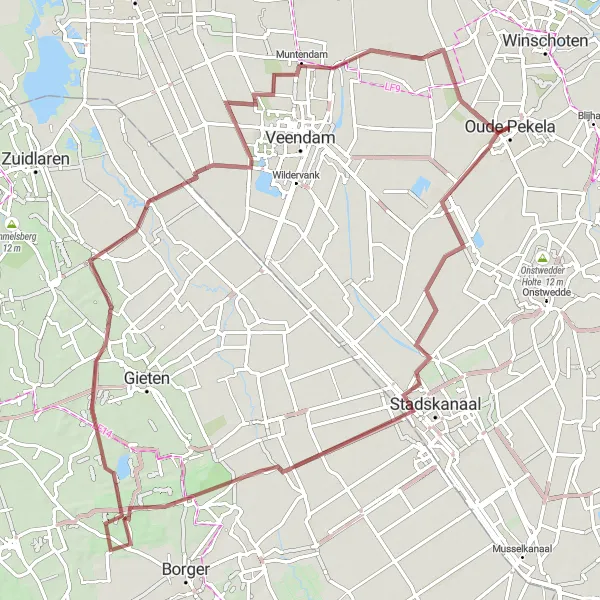 Map miniature of "Exploring Around Nieuwe Pekela" cycling inspiration in Groningen, Netherlands. Generated by Tarmacs.app cycling route planner