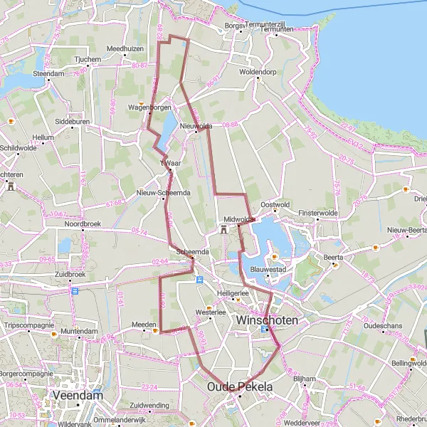 Map miniature of "'t Waar and Blauwestad Adventure" cycling inspiration in Groningen, Netherlands. Generated by Tarmacs.app cycling route planner