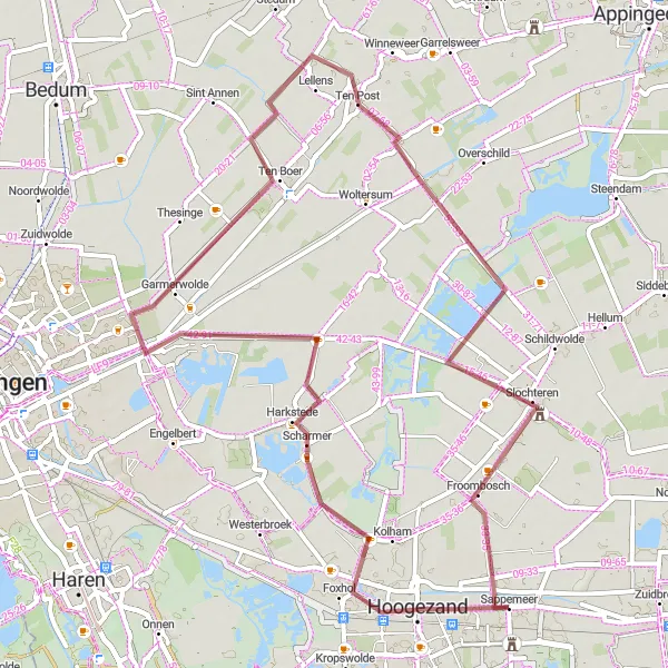 Miniatuurkaart van de fietsinspiratie "Ontdek historisch Harkstede en schilderachtig Wittewierum op gravel" in Groningen, Netherlands. Gemaakt door de Tarmacs.app fietsrouteplanner