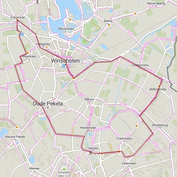 Miniatuurkaart van de fietsinspiratie "Winschoten - Westerlee gravelfietsroute" in Groningen, Netherlands. Gemaakt door de Tarmacs.app fietsrouteplanner