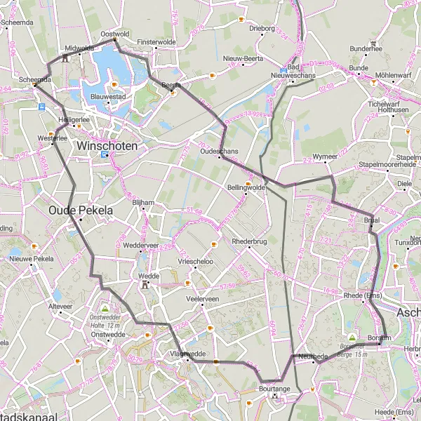 Map miniature of "Oostwold & Fort Bourtange Discovery" cycling inspiration in Groningen, Netherlands. Generated by Tarmacs.app cycling route planner