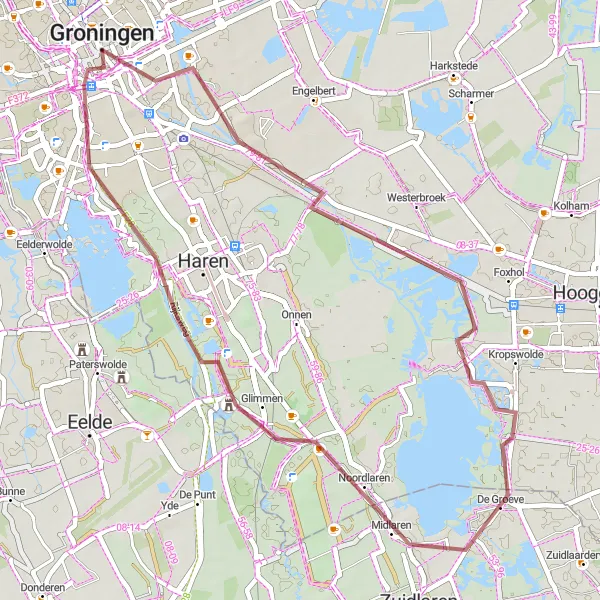 Miniatuurkaart van de fietsinspiratie "Gravelroute Selwerd – Waterhuizen – Noordlaren – Groningen" in Groningen, Netherlands. Gemaakt door de Tarmacs.app fietsrouteplanner