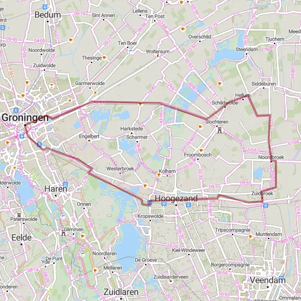 Map miniature of "Selwerd Gravel Route" cycling inspiration in Groningen, Netherlands. Generated by Tarmacs.app cycling route planner
